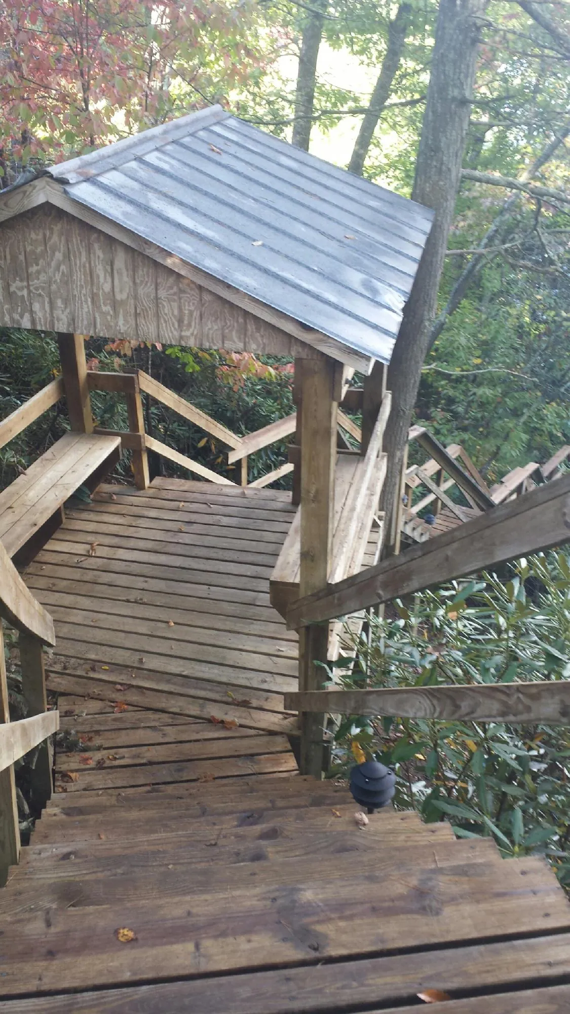 Metal roofed shelter over wooden steps on a wooded walkway — Skylight Repair & Installation work by our crew in Wellesley Hills